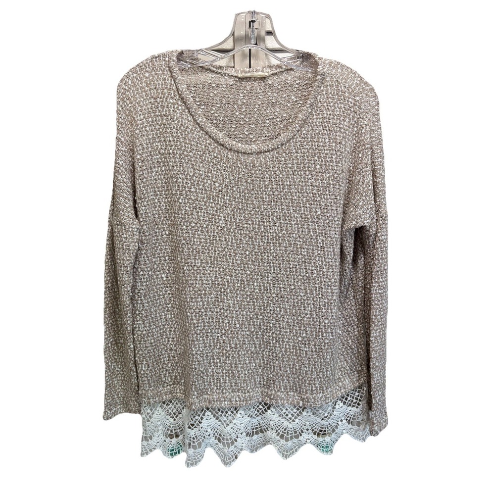 Entro Beige Knit Soft Sweater Long‎ Sleeve Small Crochet/Lace Hem Scoop